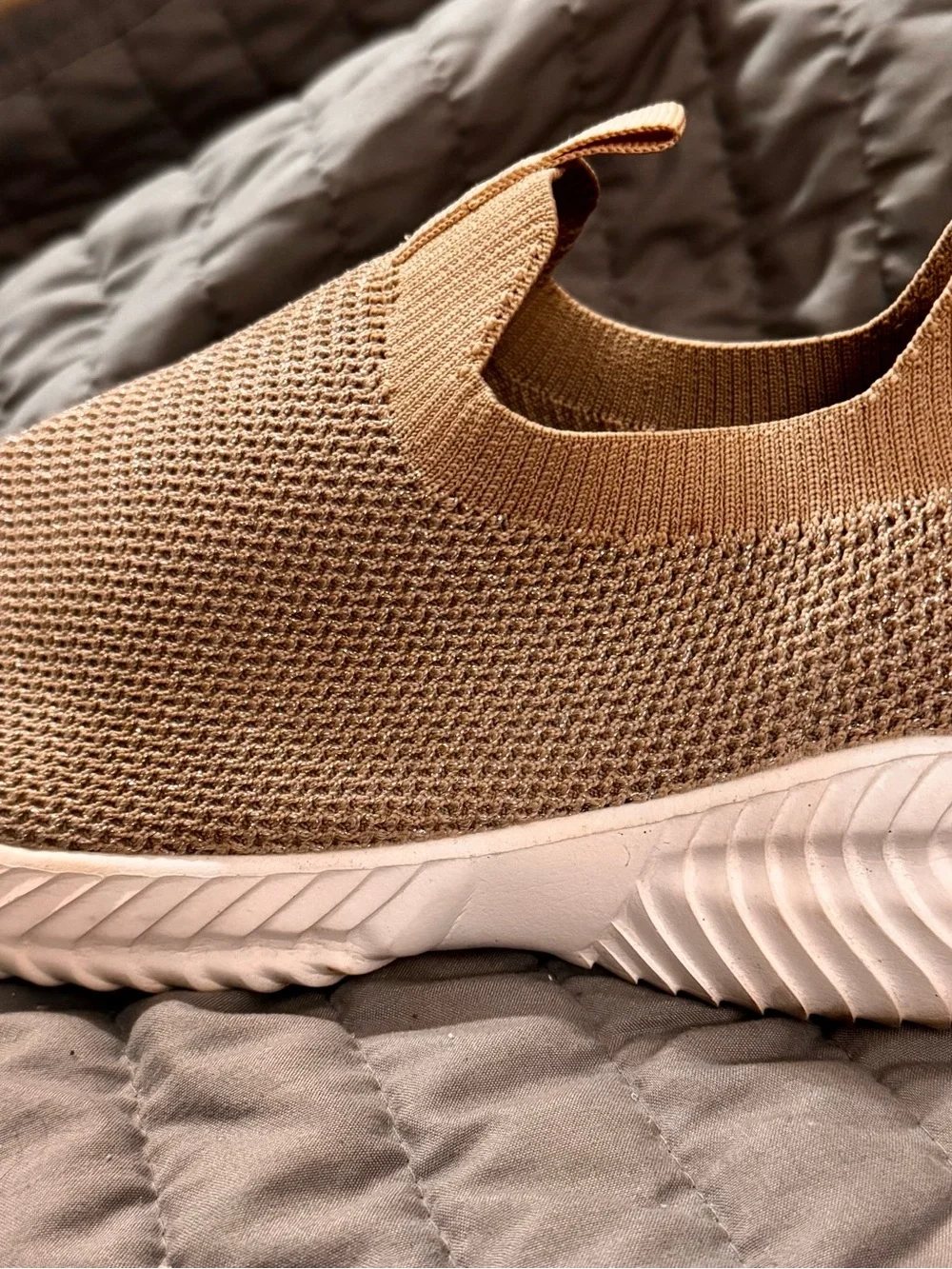Women’s  Slip-On Shimmering Knit Sneakers in Beige with White Sole